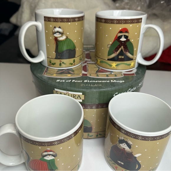 Sakura Cozy Cats Fiddestix Vintage Four Christmas Cats Mugs Dishwasher Safe - Picture 3 of 13
